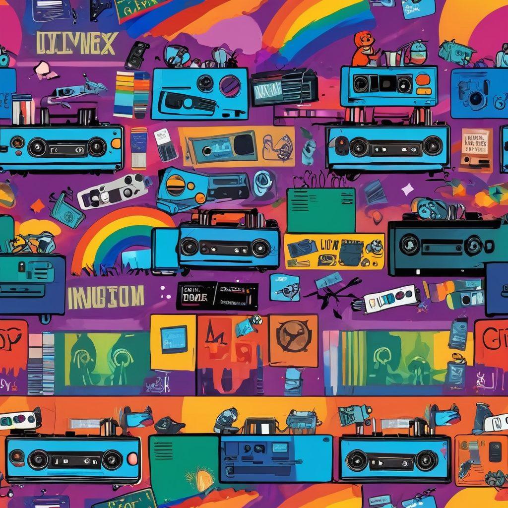 A vibrant scene showcasing diverse characters engaging in intimate moments, with a backdrop of both classic and modern media elements like film reels, video game controllers, and books. Incorporate rainbow colors that symbolize LGBTQ pride, blending seamlessly with representations of love and connection in various forms. The atmosphere should radiate warmth and inclusivity, inviting viewers to explore romantic narratives. super-realistic. vibrant colors. abstract background.