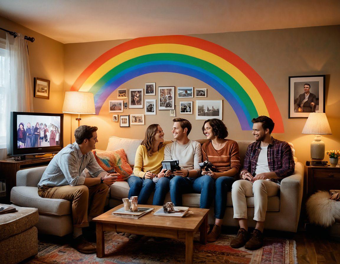 A cozy living room filled with soft lights, where diverse couples share intimate moments while watching old home videos together, laughing and embracing. Framed family photos and colorful rainbow decorations create a warm, welcoming atmosphere. A vintage projector casts film onto a wall, showing snippets of joyful memories. Super-realistic. Warm colors. Soft focus.