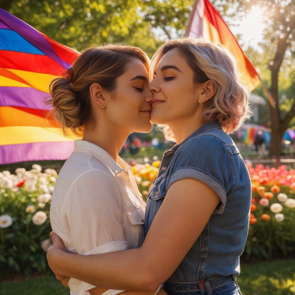 A tender moment between two individuals from the LGBTQIA+ community, sharing a warm embrace in a sunlit park filled with colorful flowers. Capture their joy and love, with rainbow flags subtly waving in the background. Include soft, glowing light to enhance the warmth of the scene. super-realistic. vibrant colors. serene atmosphere.